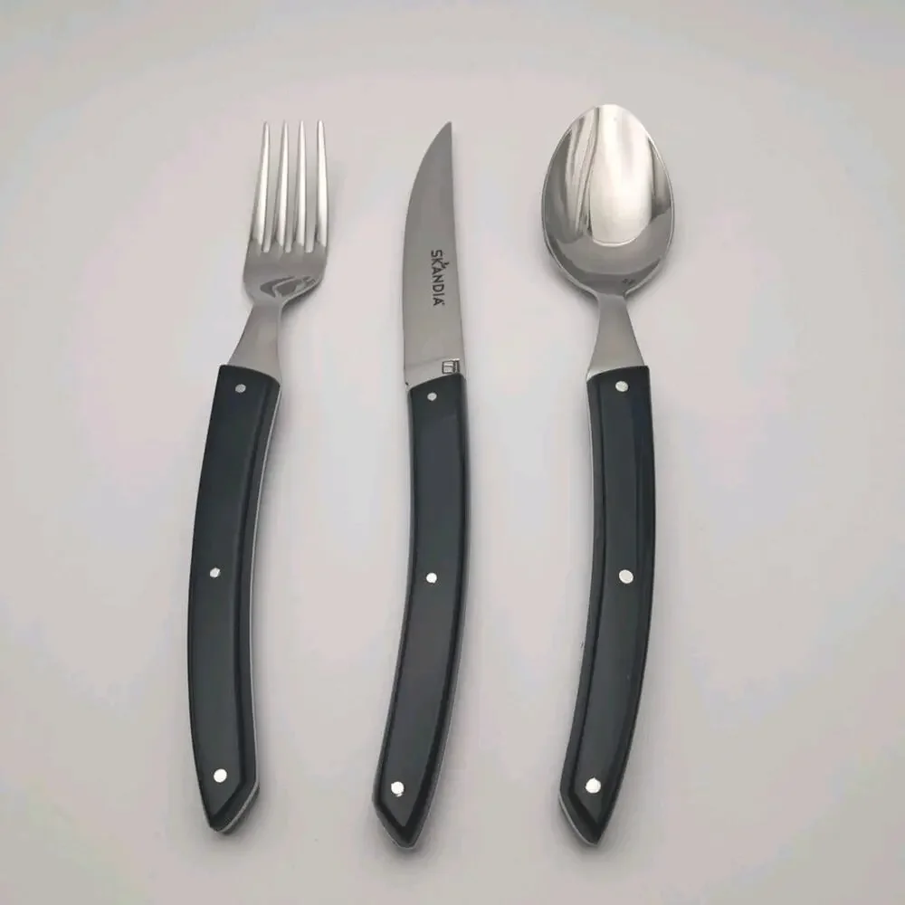Skandia Vivid Black Handle 3 Piece Set Spoon Fork Steak Knife Flatware New Rare